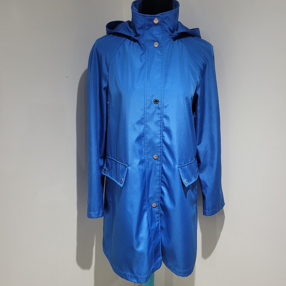 London Fog Women's Removable Hood Lined Raincoat Small Blue Vibrant